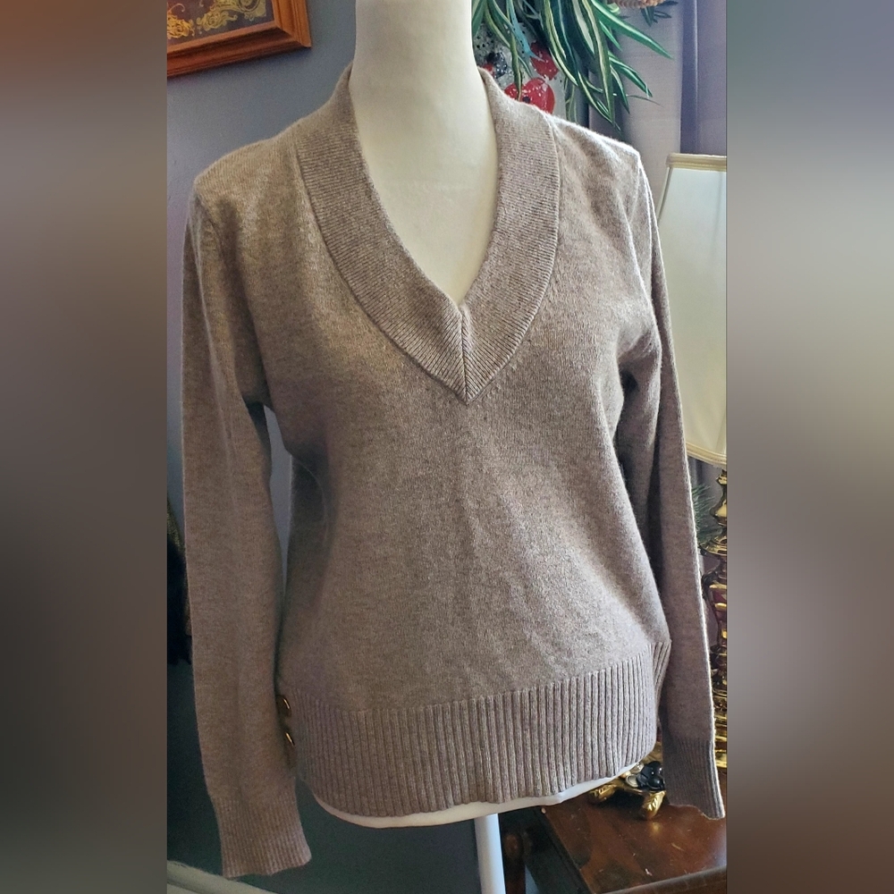 Donna Karan Cashmere Neutral Taupe V-Neck Sweater